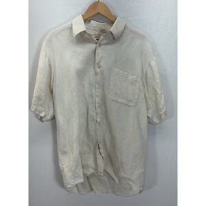 Bohio 100 % LINEN short slv Shirt Men L Pockets‎ Ivory/ Tan Beach Wedding Resort